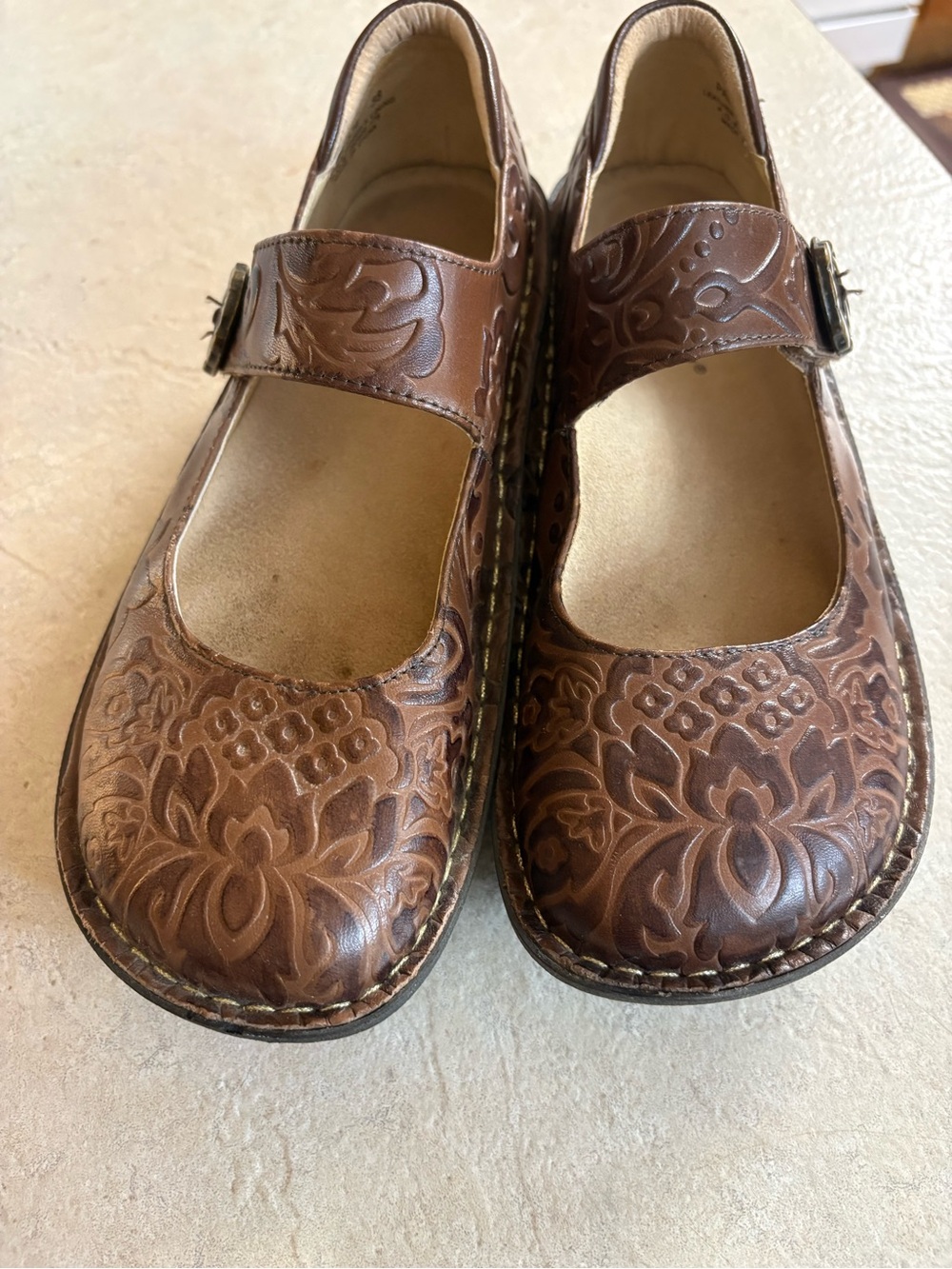 Alegria Brown Floral Embossed Mary Jane Flats